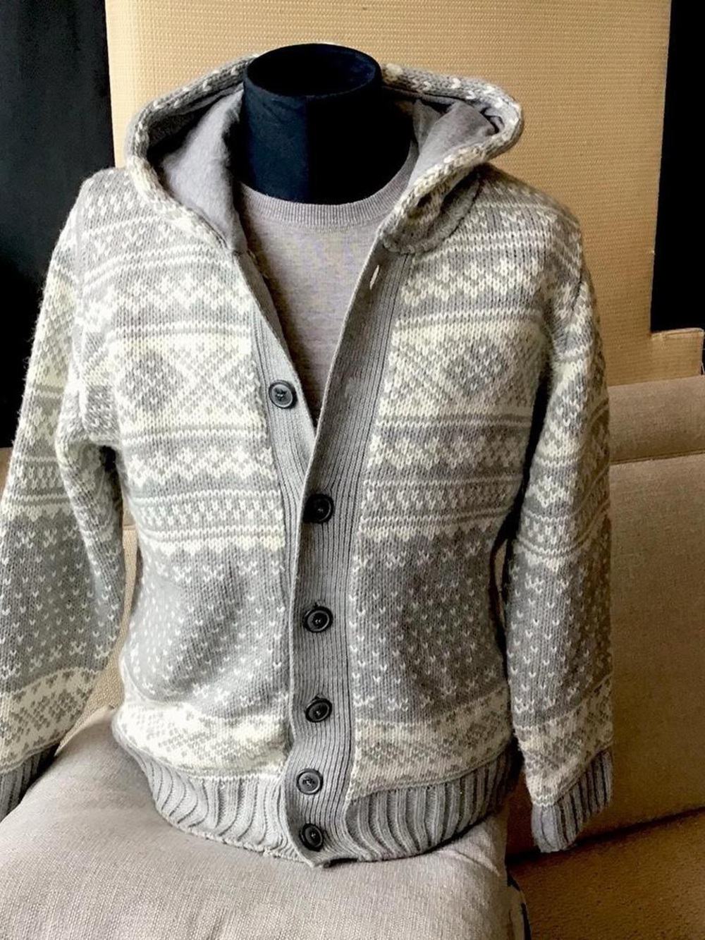 Lorenzo Magni Made in Italy  Gray Fair Isle Hooded Button-Front Cardigan XL